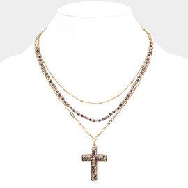 Faceted Beaded Metal Paperclip Chain Layered Cross Pendant Necklace