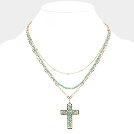 Faceted Beaded Metal Paperclip Chain Layered Cross Pendant Necklace