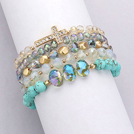 5PCS - Stone Paved Cross Pendant Pointed Faceted Beaded Multi Layered Bracelets