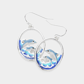 Enamel Dolphin Oval Dangle Earrings