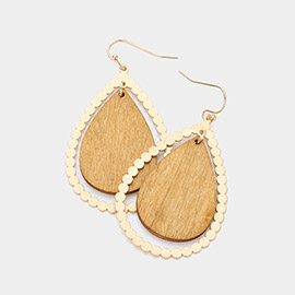 Wood Teardrop Metal Rim Dangle Earrings