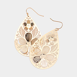 Brass Metal Flower Filigree Teardrop Dangle Earrings