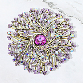 Round Stone Centered Rhinestone Embellished Branch Flower Pin Brooch