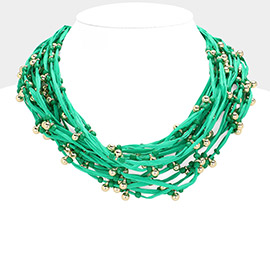 Metal Ball Beads Pointed Raffia Thread Multi Layered Necklace