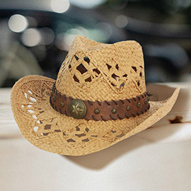 Vintage Metal Star Accented Faux Leather Band Open Weave Panama Cowboy Straw Hat
