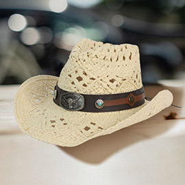 Vintage Metal Star Accented Faux Leather Band Open Weave Panama Cowboy Straw Hat