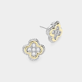 14K Gold Plated CZ Stone Paved Quatrefoil Stud Earrings