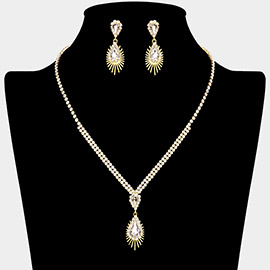 Teardrop Stone Pendant Accented Rhinestone Paved Necklace