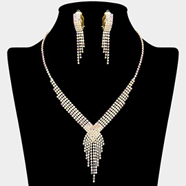 Rhinestone Pave Fringe Necklace & Clip Earring Set