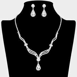 Teardrop Stone Pendant Accented Rhinestone Paved Wavy Necklace