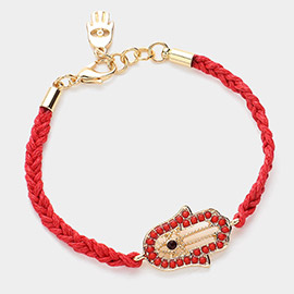 Stone Paved Evil Eye Hamsa Hand Pointed Raffia Braided Bracelet