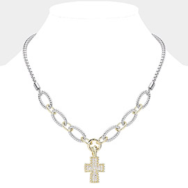 14K Gold Plated Two Tone CZ Stone Paved Cross Pendant Necklace