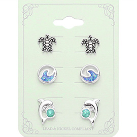 3Pairs - Sea Turtle Wave Dolphin Stud Earrings Set