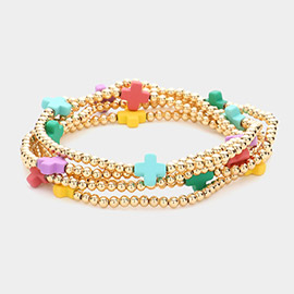 5PCS - Cross Pointed Metal Ball Beaded Stretch Multi Layered Bracelets