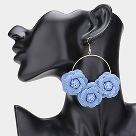 Triple Rose Light Denim Beaded Open Circle Dangle Earrings