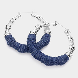 Oversized Denim Thread Wrapped Metal Bamboo Pin Catch Hoop Earrings