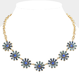 Glass Stone Embellished Flower Cluster Link Necklace