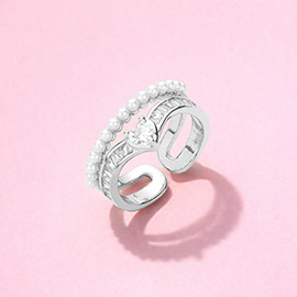 Heart Stone Pointed Pearl Paved Layered Ring