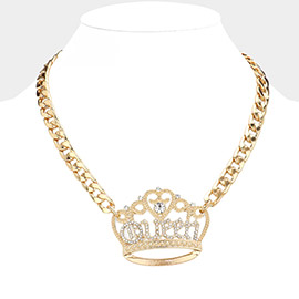 Stone Paved QUEEN Message Accented Crown Pendant Chunky Chain Necklace