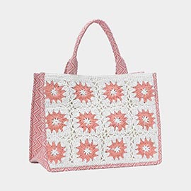 Flower Pattern Crochet Front Tote Bag