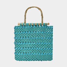 Bamboo Handle Wooden Ball Embroidered Crochet Tote Bag