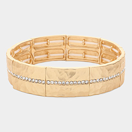 Stone Paved Line Center Pointed Hammered Metal Stretch Bracelet