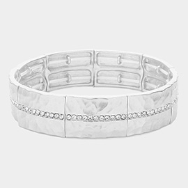 Stone Paved Line Center Pointed Hammered Metal Stretch Bracelet
