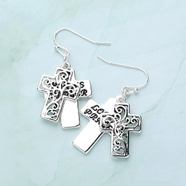 LORDS PRAYER Message Metal Double Cross Dangle Earrings
