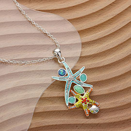 Stone Embellished Enamel Starfish Pendant Necklace