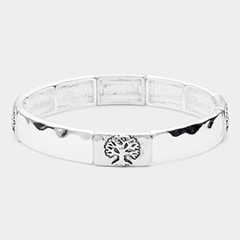 Tree Of Life Pointed Hammered Metal Stretch Bracelet
