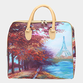 Eiffel Tower Printed Carry On Top Handle Bag / Crossbody Bag