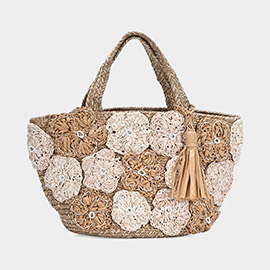 Beads Pointed Raffia Flower Embellished Tassel Jute Tote Bag