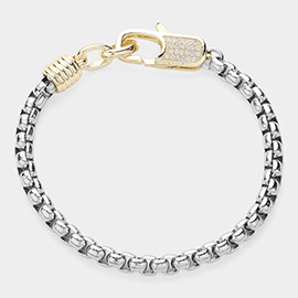 14K Gold Plated Two Tone CZ Stone Paved Clasp Pointed Chain Bracelet