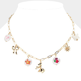 Pearl Bow Flower Charm Station Paperclip Chain Necklace