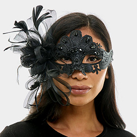 Teardrop Stone Embellished Flower Feather Fairy Lace Masquerade Mask