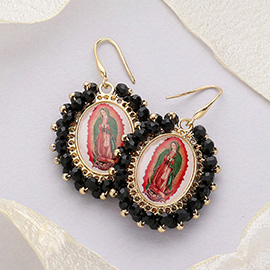 Virgin Mary Cross Printed Faceted Bead Cluster Dangle Earrings