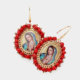 Virgin Mary Cross Printed Faceted Bead Cluster Dangle Earrings