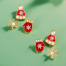 3Pairs - Pearl Pointed Snowflake Mitten Hat Stud Earrings