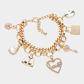 Pearl Cluster LOVE Heart Flower Top Lock Key Charm Bracelet