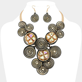 Clover Stone Cluster Pointed Metal Coil Round Embellished Statement Necklace