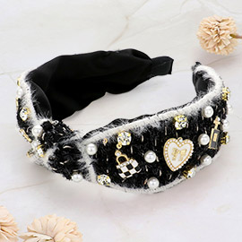 Pearl Enamel Heart Perfum Bag Embellished Fuzzy Knot Headband