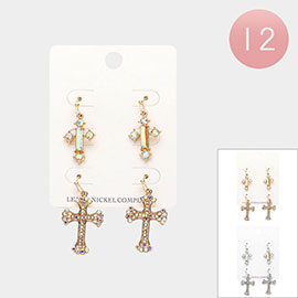 12 SET OF 2 - Stone Paved Gothic Cross Dangle Earrings