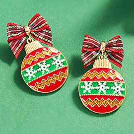 Bow Pointed Enamel Christmas Ornament Dangle Earrings