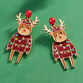 Enamel Rudolph in Christmas Light Sweater Dangle Earrings