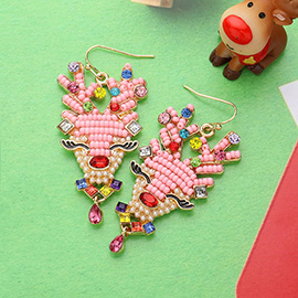 Pearl Stone Embellished Seed Beaded Reindeer Dangle Earrings