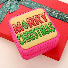 Faux Leather Embossed Merry Christmas Message Portable Square Jewelry Box