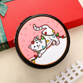 Faux Leather Embossed Christmas Light Wrapped White Cat Portable Disc Jewelry Box