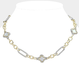 14K Gold Plated Mother Of Pearl Quatrefoil Pointed Chain Necklace