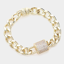 14K Gold Plated CZ Stone Paved Lock Pointed Chain Magnetic Bracelet