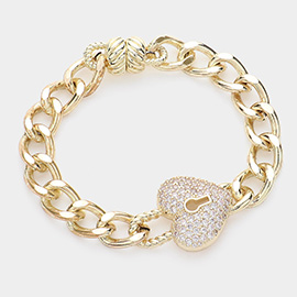 14K Gold Plated CZ Stone Paved Heart Pointed Chain Magnetic Bracelet